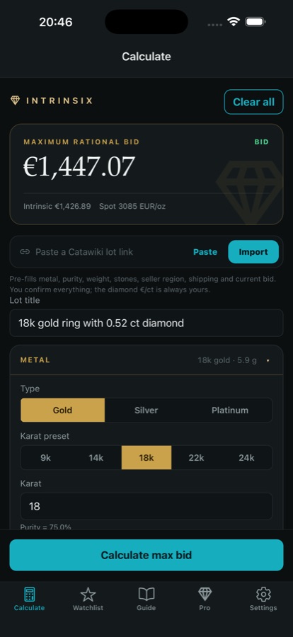 The input screen: metal, karat, net weight and stones