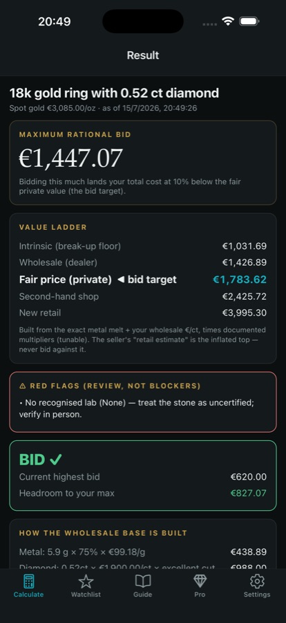 The result screen showing the five-value ladder and the maximum bid